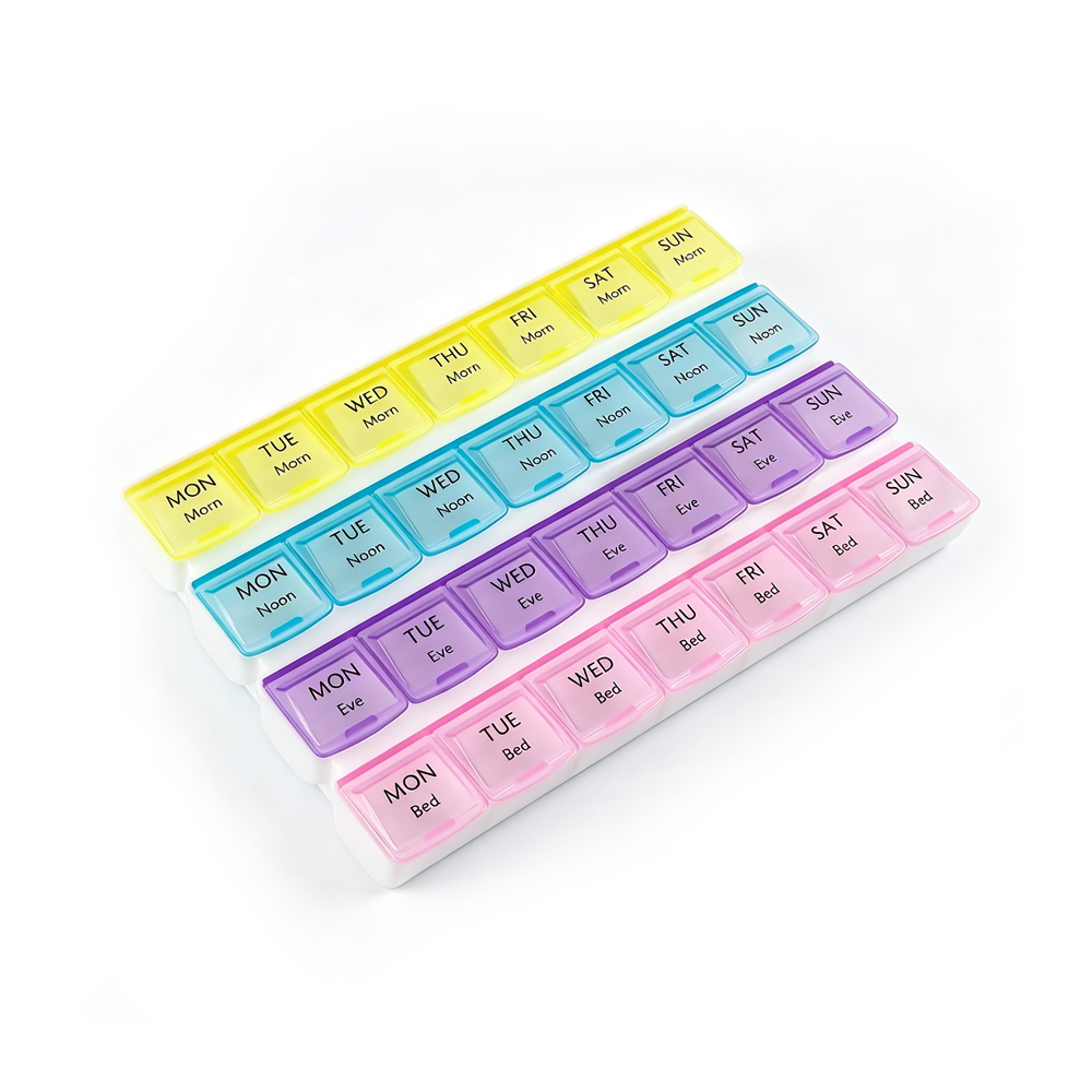 Cotidiana Weekly Pill Organizer 4 Compartments Per diem, 7 Day AM PM PM Eva Bedtime Color coded Medicationis Continens, Magnae Capacitatis Pill Case pro Senibus, Travel, Vitamins & Diripio